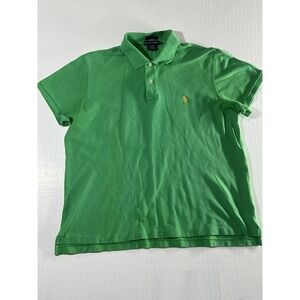 Polo Ralph Lauren Mens Shortsleeve Polo Shirt Green Cotton Mesh Orange Pony Logo